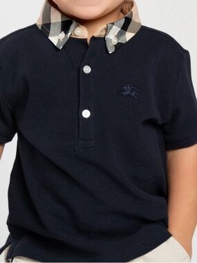 Burberry Navy Polo with Signature Beige Plaid Collar